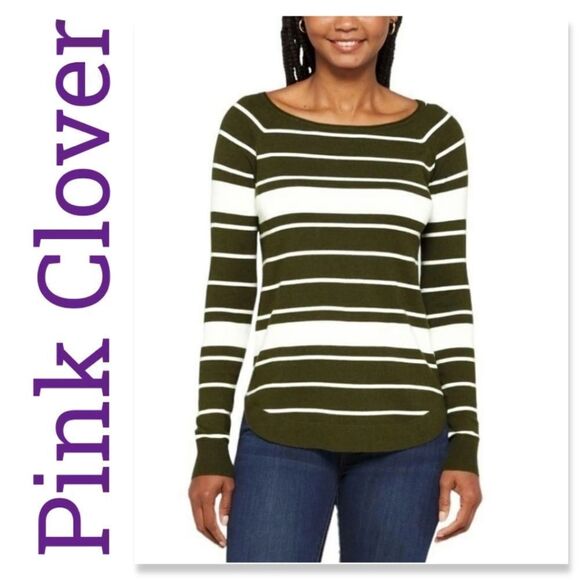 NWT Pink Clover Valencia Curved Hem Striped Sweater Olive Green Ivory - Picture 1 of 9